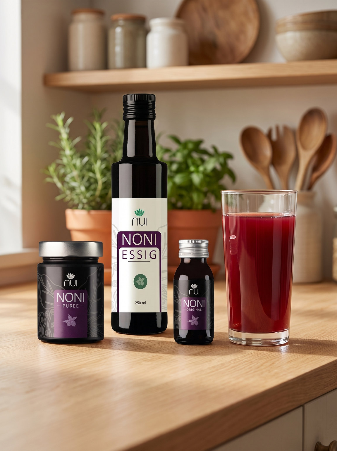 NUI NONI vinegar, NUI NONI purée and a NUI NONI Original shot on a kitchen counter, next to a glass of noni juice