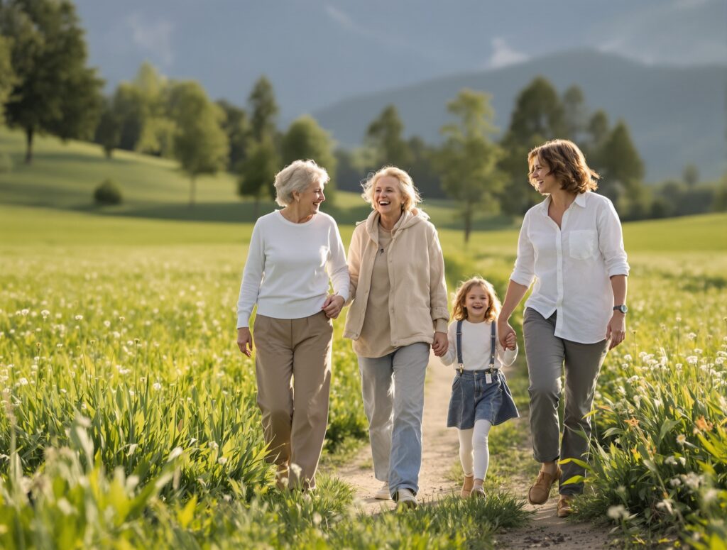 Drei Frauen verschiedener Generationen und ein Mädchen gehen lachend über eine blühende Wiese