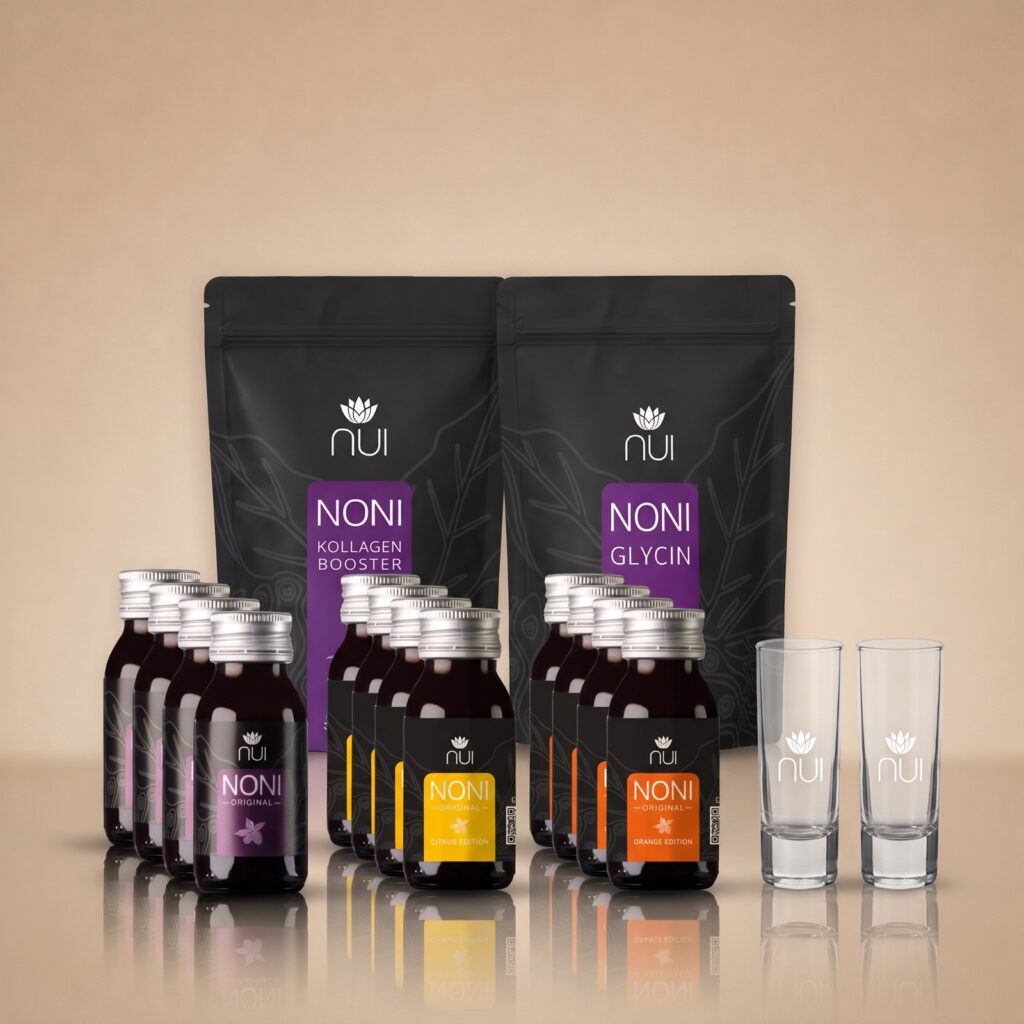 NUI Probierpaket: NONI Shots Original, Citrus und Orange, NONI Kollagen Booster, NONI Glycin und zwei NUI Trinkgläser