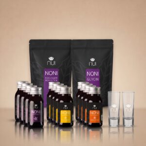NUI Probierpaket: NONI Shots Original, Citrus und Orange, NONI Kollagen Booster, NONI Glycin und zwei NUI Trinkgläser