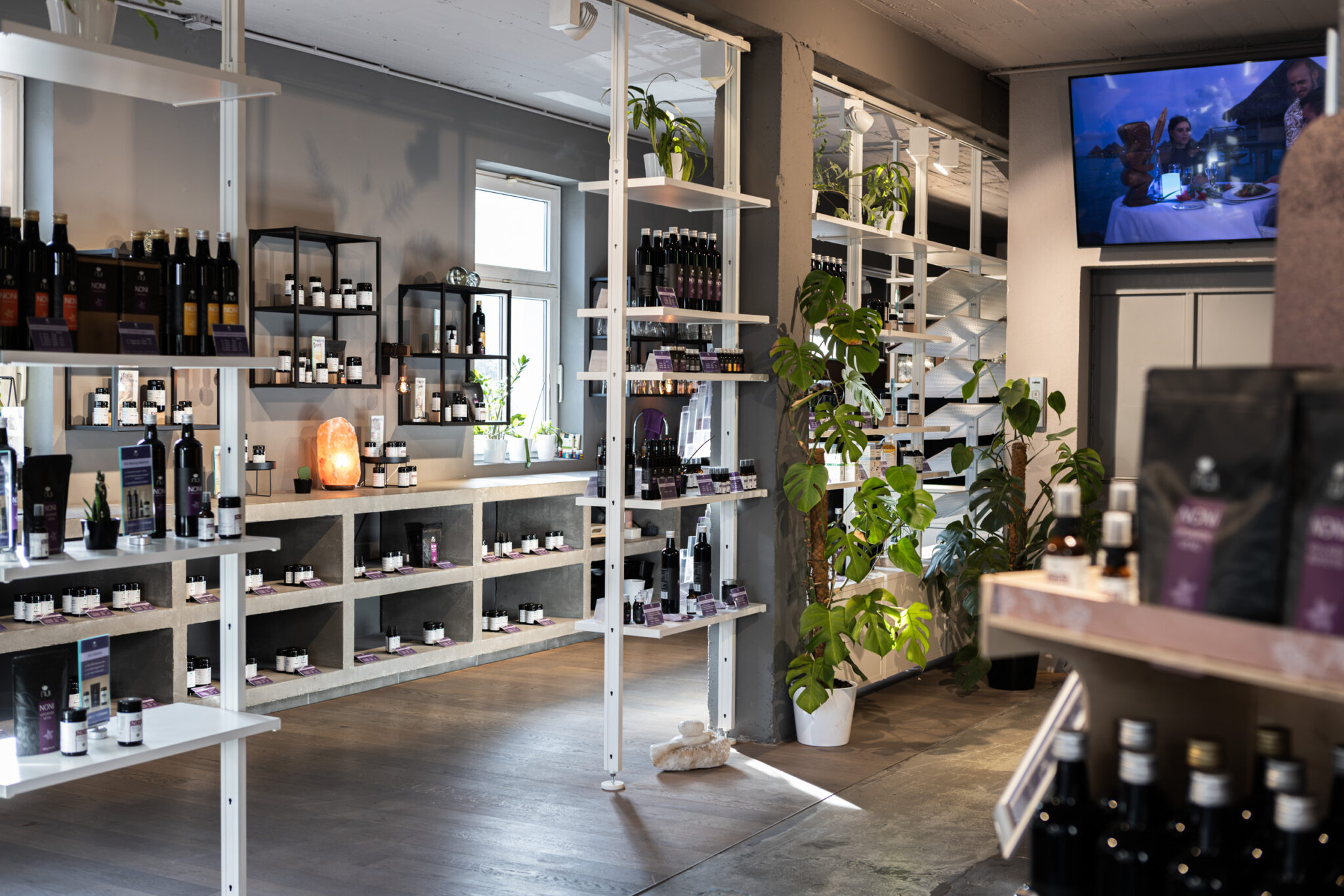 Interior de la tienda NUI en Dornbirn: estanterías luminosas con complementos, plantas y un mostrador de hormigón