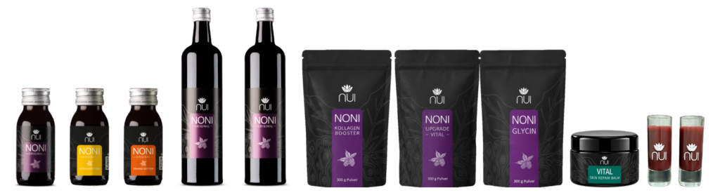 NUI Starterpaket: Shots, NONI Original, drei Pulverbeutel, Repair Balm und Trinkgläser
