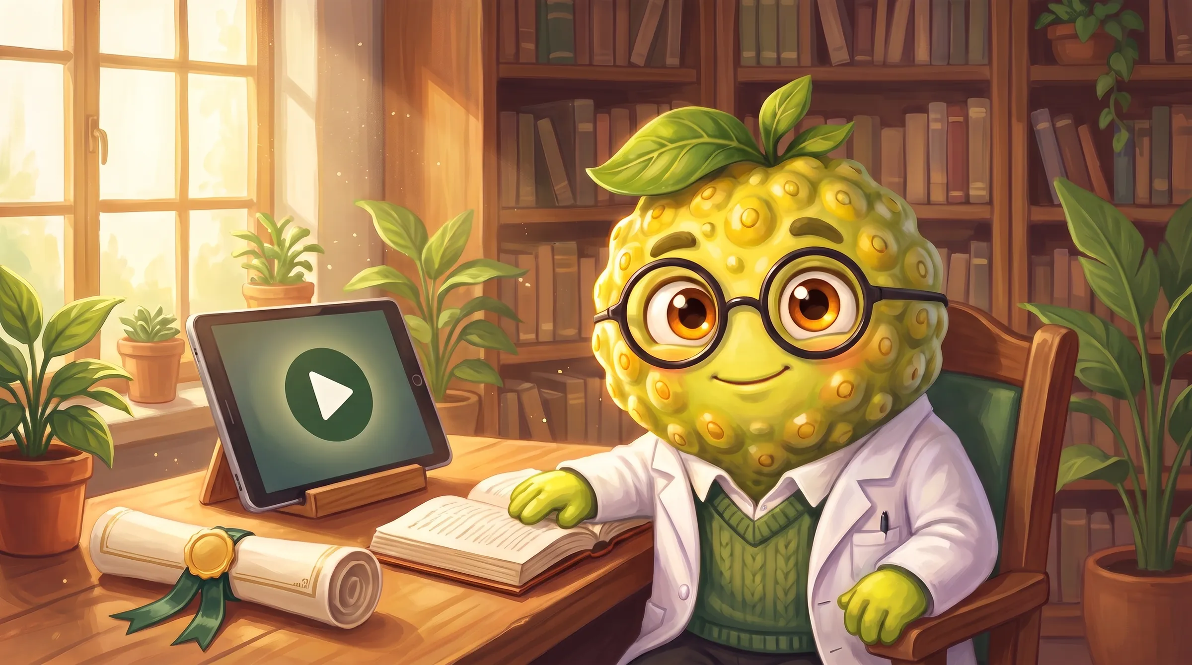 Professor Nuno, eine gezeichnete Noni-Figur mit Brille und Laborkittel, am Schreibtisch mit Tablet und Zertifikatsrolle in einer Bibliothek