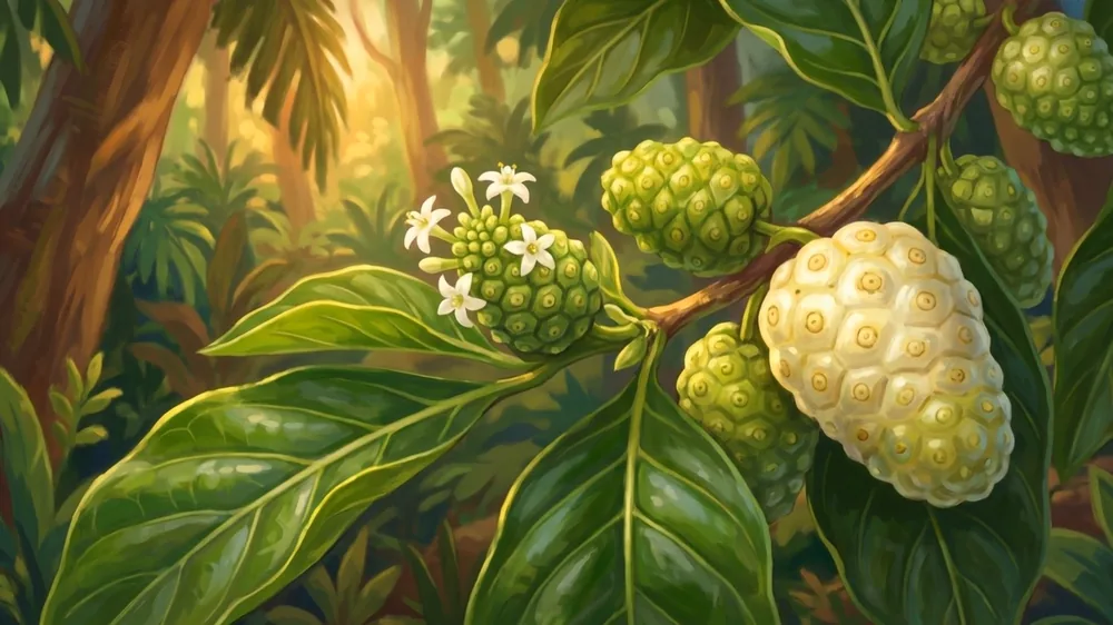Gezeichnete Noni-Früchte mit weißen Blüten an einem Zweig im tropischen Wald