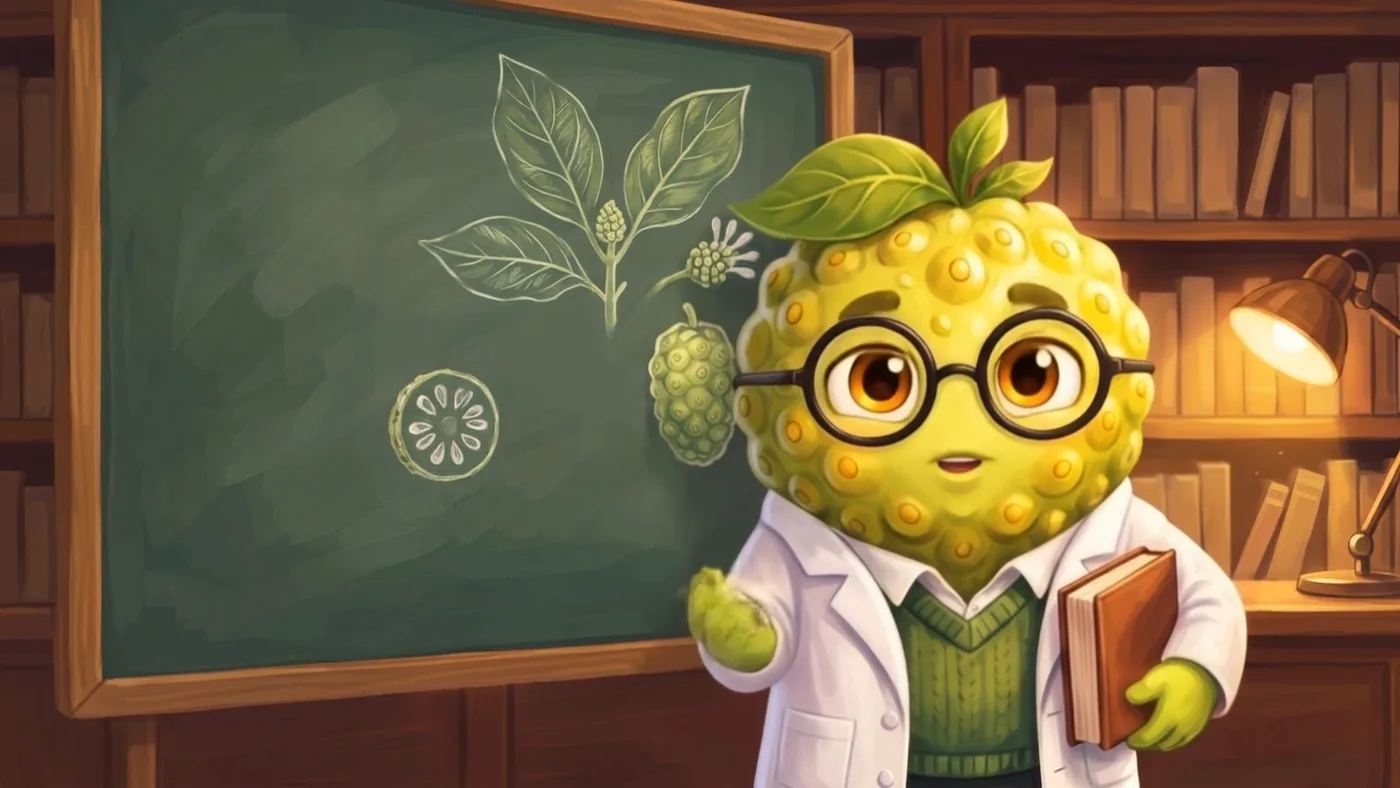 Professor Nuno, eine gezeichnete Noni-Figur mit Brille, Laborkittel und Buch, vor der Tafel im Studierzimmer